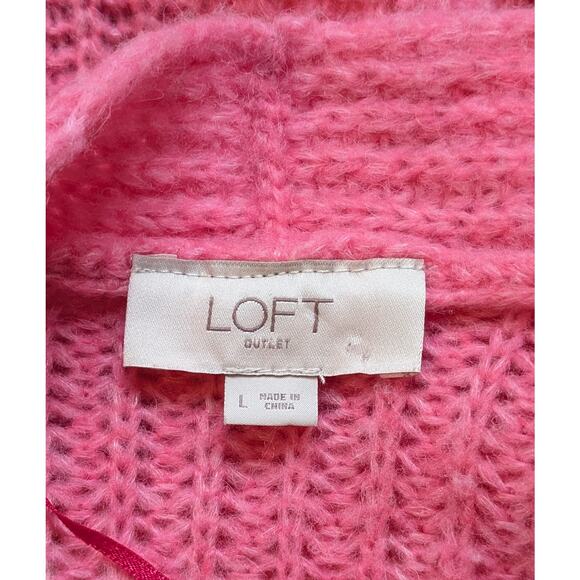 LOFT Red Pink Wide Stripe Open Cardigan Duster Fuzzy Sweater Pockets Size Large - Picture 8 of 9